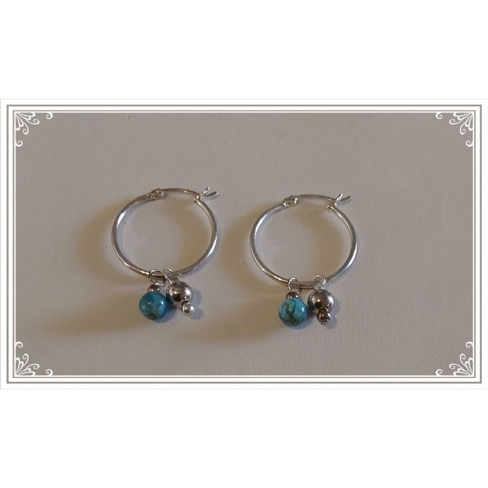 New~American West Jewelry 925 SS Hoops w/Sterling & Turquoise Ball Bead Charms